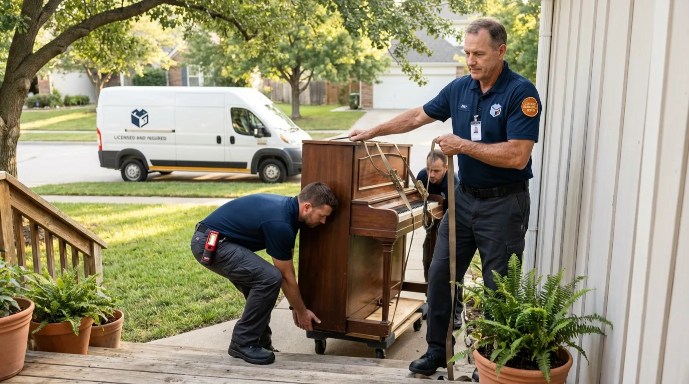 Licensed piano movers securing grand piano in Ogdensburg, NJ