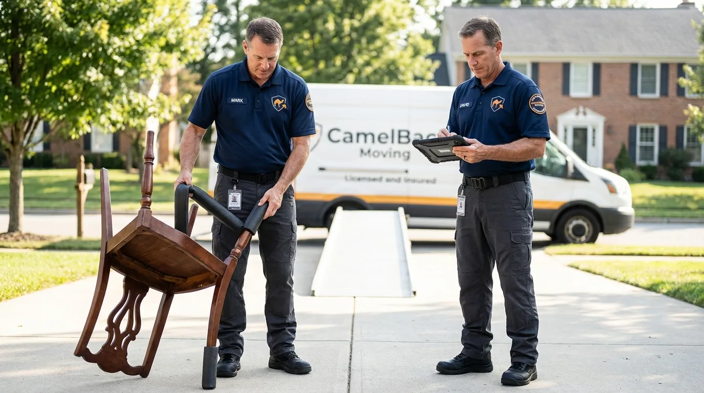 Movers inspecting furniture for damage prevention before loading in Ogdensburg, NJ