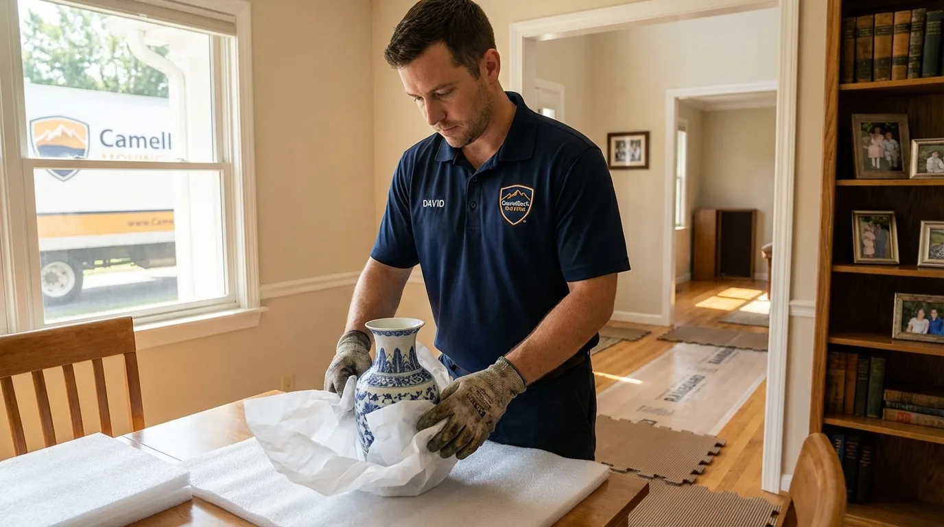 Professional crew carefully wrapping antique vase for senior downsizing move in Ogdensburg, NJ
